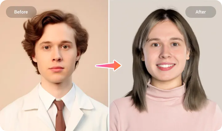 AI gender swap example — male to female facial transformation with realistic results