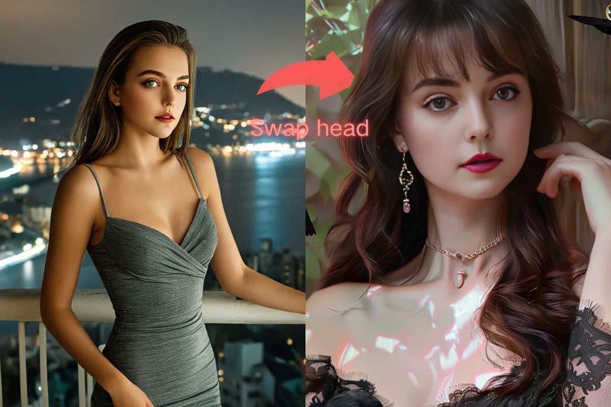 AI head swap before and after — full head replacement including hair on new body